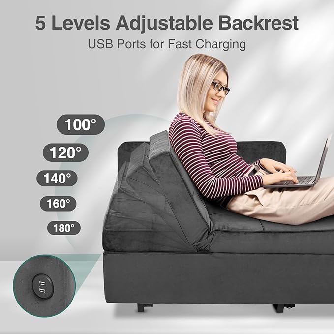Sleeper Sofa Bed Convertible 4-in-1 Pull Out Couch with 5 Adjustable Backrest Modern Velvet Sofa with USB Ports &amp Storage Pocket (Includes Pillow) for Living Room BedroomApartment Dark Grey