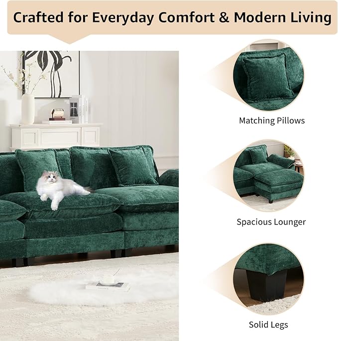 46.4'' Green Modern Large Sectional Couches for Living Room Chenille Fabric Modular Sectional Sofa Oversized Single Cloud Couch for Apartment Deep Seat Wide Arm Sofas Set Sofa para Sala
