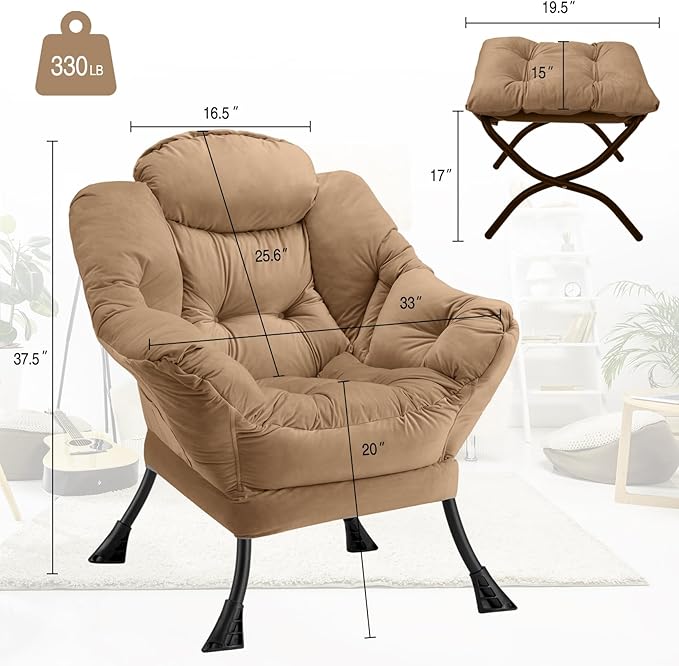 Lazy Chair with Folding Ottoman Modern Large Accent ChairContemporary Lounge Leisure Sofa Chair with Armrests Upholstered Sofa Armchair Reading Chair for BedroomDorm &amp Office(Khaki-f)