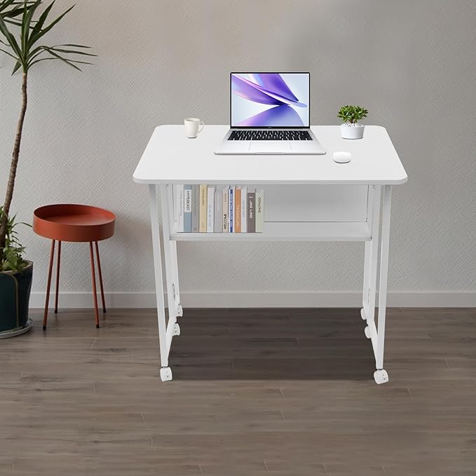 Foldable Computer Desk with 6 Wheels and Storage ShelfMobile Home Office Desk Study Writing DeskRolling Folding Desk Table31.5 x 22.83 Inches (White)