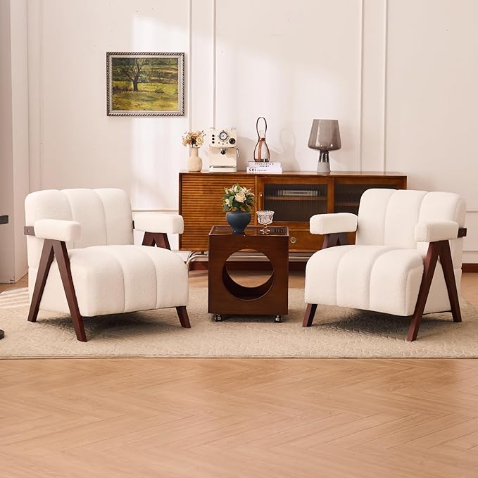 Accent Chairs Set of 2 Mid-Century Modern with Wide Backrest for Bedroom Upholstered Living Room Chair with Wooden Lounge Armchair with Thick Cushion Cute Teddy Comfy Chair Ivory