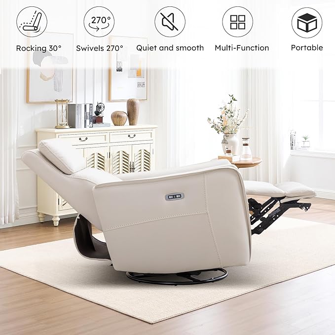 EBELLO Faux Leather Power Recliner Chair Electric Reclining Sofa with USB Charging Port Metal Swivel and Rocking Chair Seat for Small Living RoomBeige