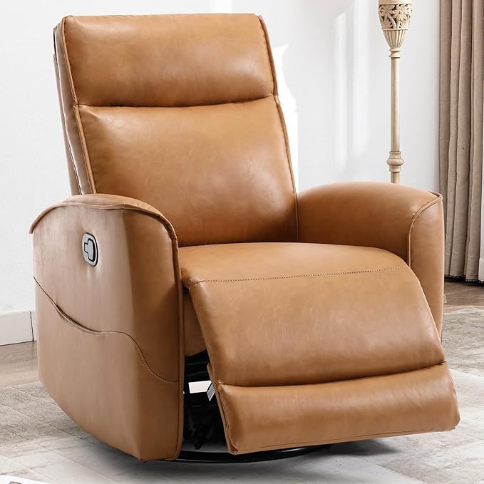 CANMOV Leather Recliner Chair Swivel Rocker Recliner Chair 360°Swivel Nursery Glider Recliner Manual Recliner for Small SpacesLiving RoomBedroomBrown