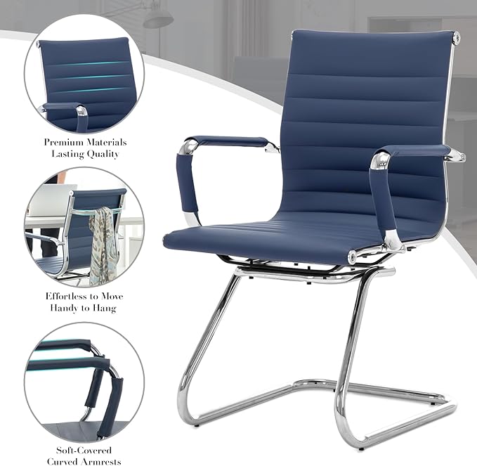 CIMOTA Waiting Room Chairs Leather Office Guest Chair Mid Back Reception Chairs with Sled Base for Meeting/Patient/Conference Room Navy Set of 6