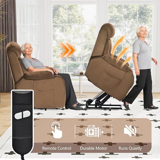 cinkehome Small Power Lift Recliner for Elderly Lift Chair Recliners Electric Recliner Chairs for Seniors Remote Control Adjustable Side Pocket (Velvet Brown)