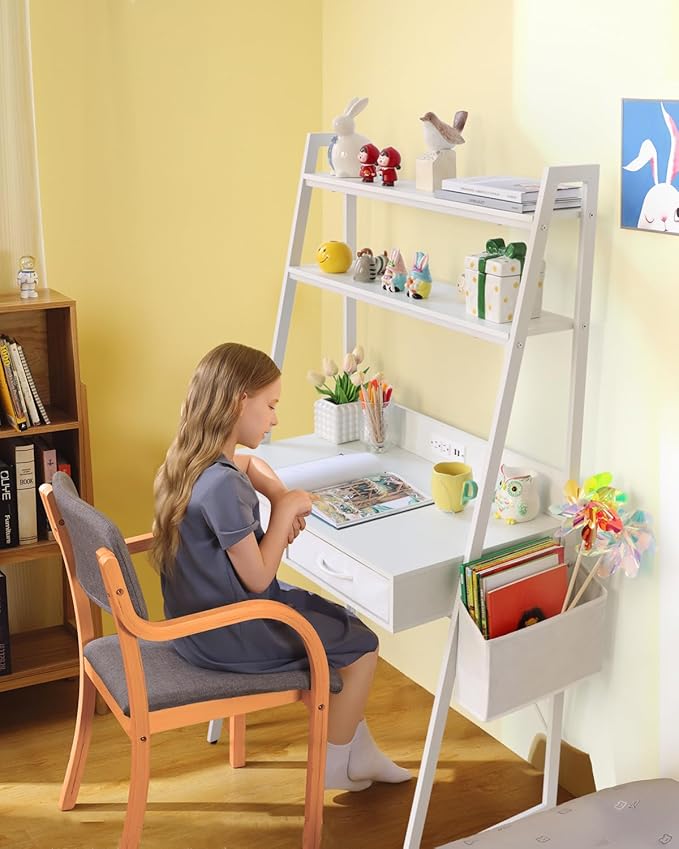 KATHY&ampBOB Small Home Office Study Desk - Freestanding Ladder Design with Fabric Drawers &amp Side Bag - Modern Vanity Makeup Desk - 2 Tier Shelf &amp Computer Gaming Station (White)