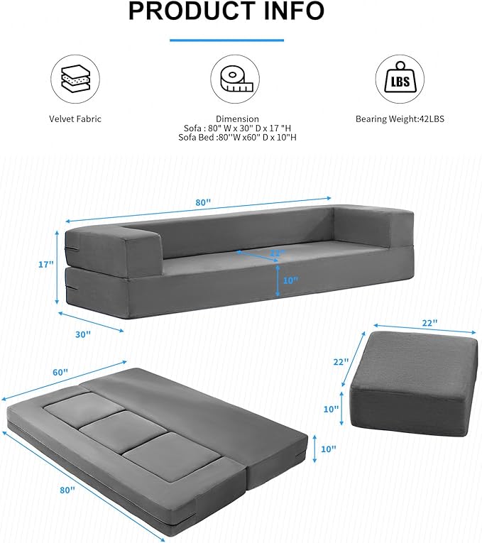 PUREMIND Velvet Folding Sofa Bed Upholstered Floor Sofa Bed with 3 Ottomans Fold Out Couch Bed with High-Density Foam Convertible 2-in-1 Foldable Sleeper Sofa for Guest Bedroom Living Room