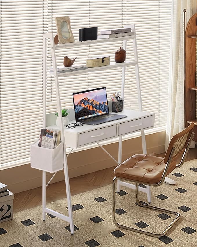 KATHY&ampBOB Small Home Office Study Desk - Freestanding Ladder Design with Fabric Drawers &amp Side Bag - Modern Vanity Makeup Desk - 2 Tier Shelf &amp Computer Gaming Station (White)