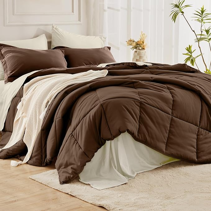 JOLLYVOGUE King Comforter Set Ultra-Soft Bed in a Bag King Size 7 Pieces Oeko-TEX Certified Bedding Set with Down Alternative Comforter Sheets Pillowcases &amp Shams Brown &amp Beige