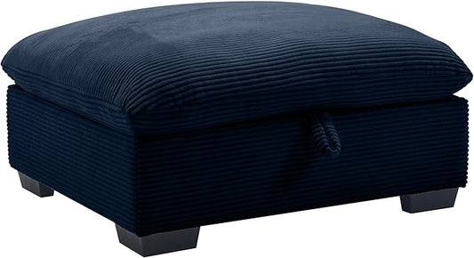 Corduroy Square Storage Ottoman with Removable Cushions 36.6 Inch Corduroy Fabric Cloud Ottoman Footrest for Modular Sofa Living Room Furniture Easy Assembly Blue