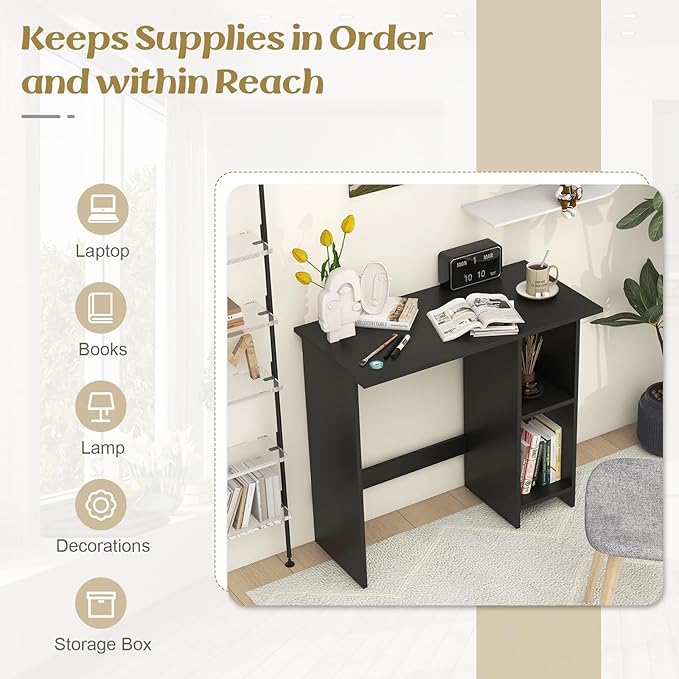 Tangkula Computer Desk with Storage Shelves Modern Small Writing Desk with Adjustable Shelf Space Saving Laptop PC Desk with Anti-Toppling Kit Wooden Kid’s Study Desk (Black)