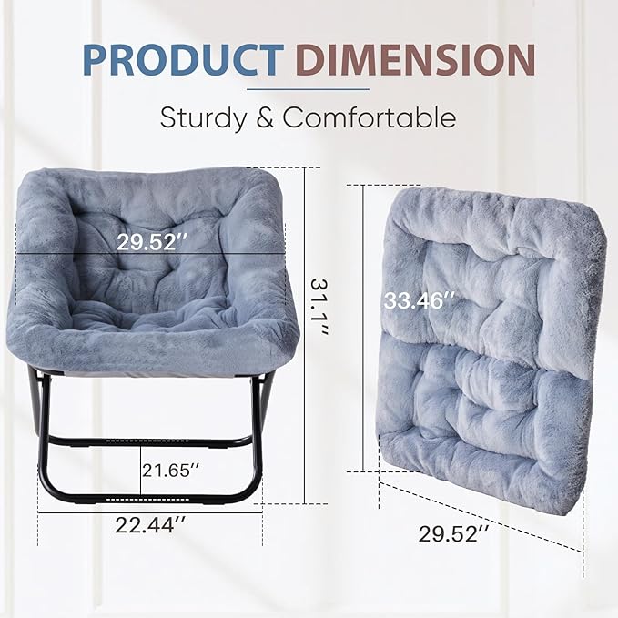 DUMOS Comfy Chair for Adults Soft Faux Fur Folding Lounge for Bedroom Living Room Dorm Rooms Flexible Reading Chair for Teens Large Size Foldable (Square-Gray)