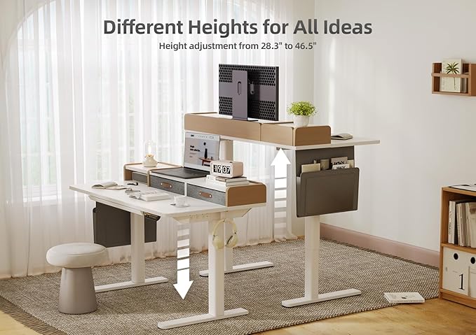 Claiks Standing Desk with Drawers &amp Power Outlet 48 Height Adjustable Computer Desk with USB C Port Sit Stand Home Office Desk with Monitor Stand Storage Shelves &amp Side Bag White