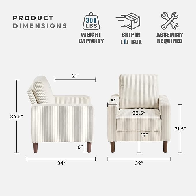 Lexicon Modern Accent Chair Corduroy Fabric Upholstered Armchair with Brown Legs Track Arms Single Sofa Chair for Living Room/Bedroom/Office/Waiting Room Beige