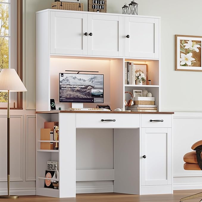 Keyluv 71 Tall Computer Desk with Hutch Cabinet Home Office Desk with Storage Drawers Shelves and Side Rack Wood Executive Desk with Doors Outlet Station and Smart LED Lights White