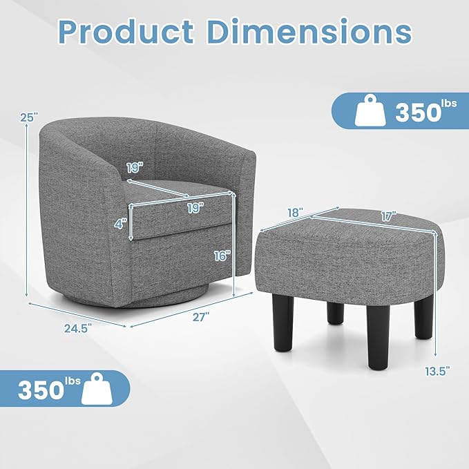 Swivel Chair with Ottoman Modern Barrel Accent Chairs with Removable Seat Cushion Comfy Single Sofa Lounge Armchair Upholstered Round Club Reading Chair for Living Room Bedroom Office