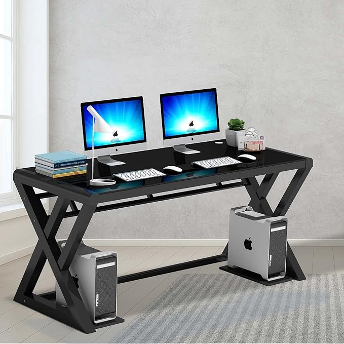 Computer Desk Tempered Glass Desk Home Computer with Metal Frame Desk Table for Home Office Gaming Modern Sturdy Writing Desk for Small Spaces 55.1-black