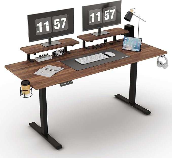 63 x 24 Inches Electric Standing Desk with 2 Monitor Shelves Adjustable Computer Desk from 28-46'' Sit to Stand UpHome Office Desk with Memory Controlller for Workstations Walnut