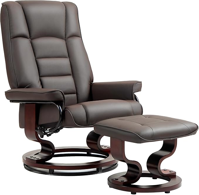 Recliner with Ottoman Swivel Recliner Chair and Ottoman Faux Leather Reclining Chair with High Back and Wood Frame for Living Room Bedroom Brown
