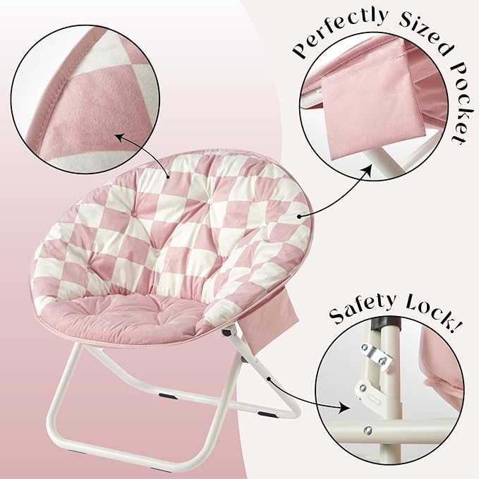 Urban Lifestyle Printed Back Micromink Saucer™ Chair with White Legs and Side Storage Pocket Pink and White Check