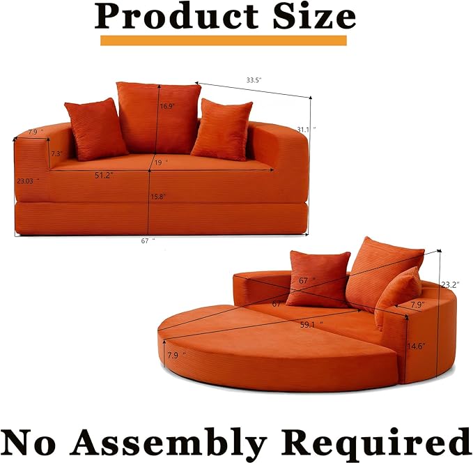 Orange Boneless Loveseat Couch - 67 Circular Convertible Sofa Bed No Assembly Corduroy Folding Floor Futon with Pillows for Small Spaces (Orange)
