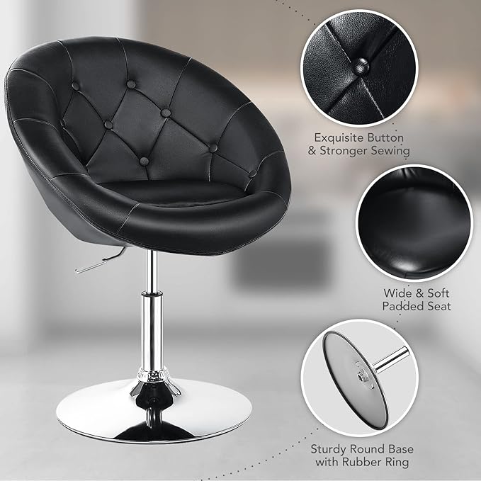 Giantex Vanity Height Adjustable Makeup Tufted Round Back Bar Chrome Frame Leather Modern Swivel Accent Chairs Black