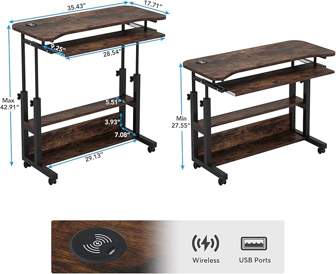 Tribesigns Portable Desk with Power Outlets Height Adjustable Side Table Sofa Couch Bedside Laptop Computer Cart with USB Charging Ports Mobile Small Standing Desk with Keyboard Tray