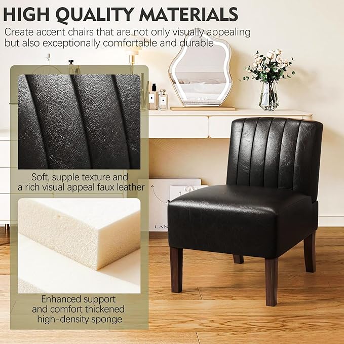 Armless Accent Chairs Upholstered Dining Chairs Living Room Chairs with Solid Wood Legs Leather Reading Chair for Adults Comfy Chair for Bedroom Vanity Kitchen (Black)