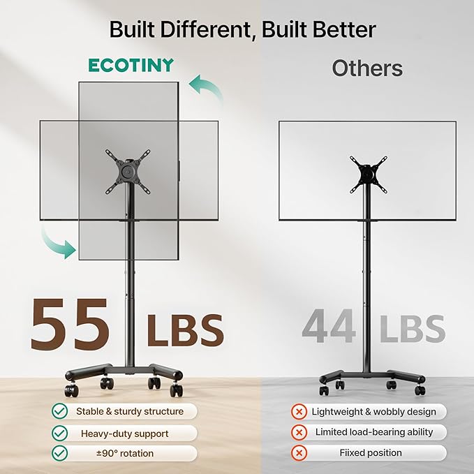 2026 Upgraded Mobile TV Stand for 13-50 TVs Rotating Rolling TV Stand with 30° Tilting Hold up to 55lbs Height Adjustable Mobile TV Cart for Home Office Max VESA 200x200mm