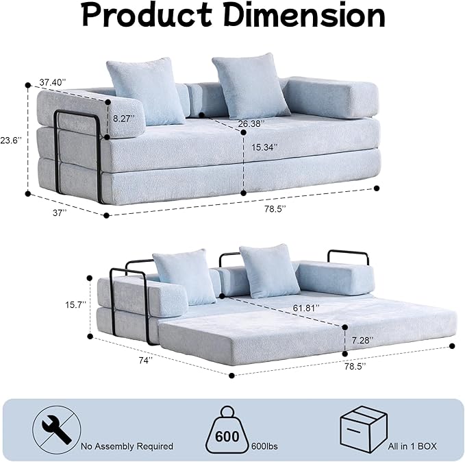 Convertible Floor Sofa Bed Foldable Mattress Cloud Couch with Pillow Back &amp Armrest Chenille Sleeper Sofa Bed with Fixed-Shape Frame Compressed Couch for Living Room Bedroom Light Blue