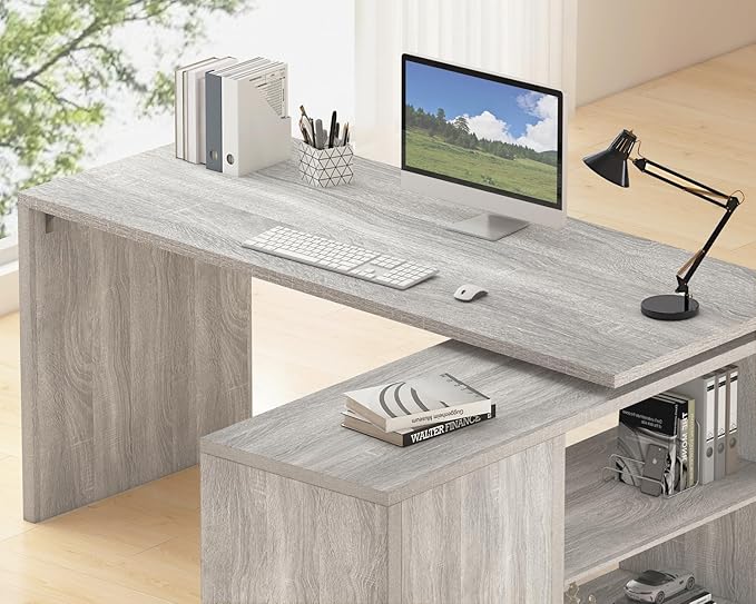 HSH Gray L Shaped Corner Desk with Storage Shelves Reversible L Shape Computer Desk with Storage Cabinet Adjustable Corner Home Office Desk for PC Executive Writing Study Work Light Grey 55 Inch