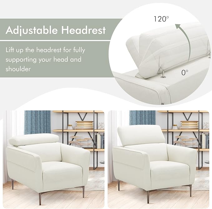 Giantex Accent Chair Upholstered Single Sofa Chair with Adjustable Headrest Stable Metal Legs Armchair for Living Room Bedroom Office Reception Room White