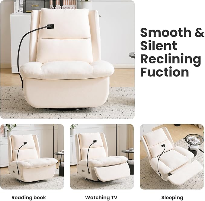 Swivel Rocker Recliner Chair Oversized Armless Recliner with Phone Holder &amp USB Port Power Recliner Chair for Adults Cross Legged Glider Rocking Chair for Living Room Chenille Beige