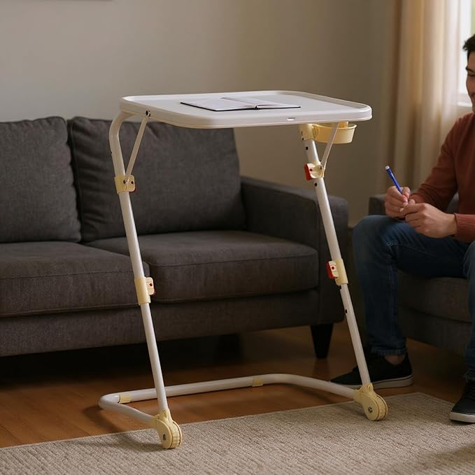 Homy Casa Adjustable Z Shaped Study Desk with Cup Holder Space Saving Portable Laptop Foldable Table for Home Office Living Room &amp Bedroom Sturdy Metal Frame &amp PP Top White