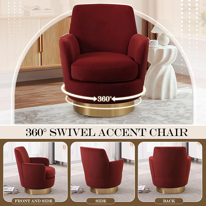 SLEERWAY 360° Swivel Barrel Chair Set of 2 28.3 Modern Velvet Round Accent Chair Comfy Upholstered Small Armchair with Gold Metal Base for Living Room Bedroom Nursery Office Sillas para Sala Red