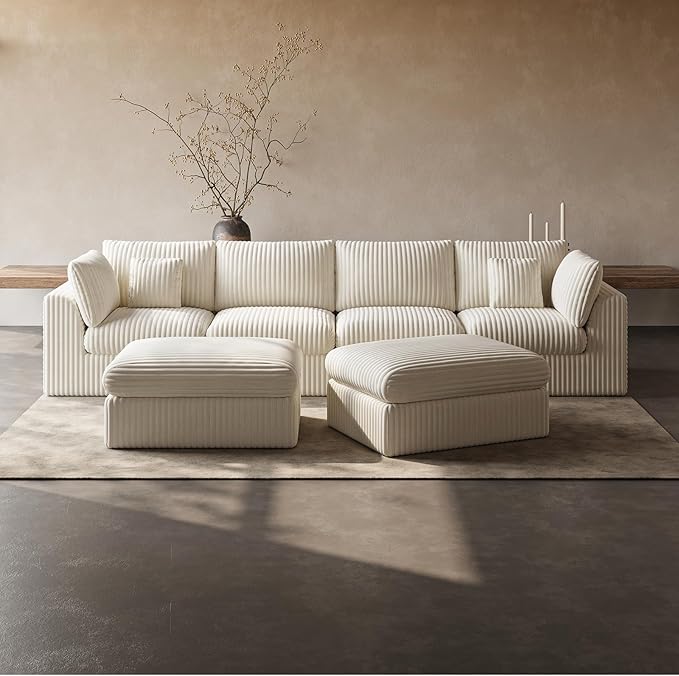 148” Cloud Sectional Couches Boneless Modular Sofa with Ottomans for Living Room Deep Seat Chenille Sectional Sofa for Apartment Warm White