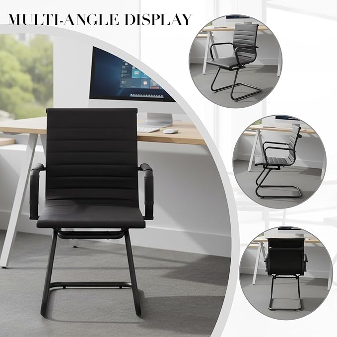 CIMOTA Waiting Room Chairs Leather Office Guest Chair Mid Back Reception Chairs with Sled Base for Meeting/Patient/Conference Room Retro Black Set of 6
