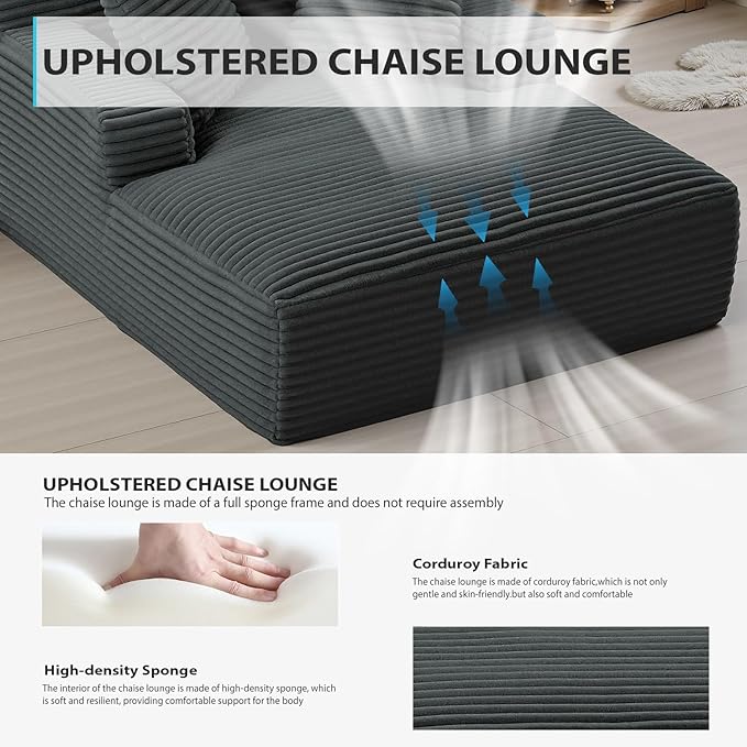 67 Inch Chaise Lounge Chair Indoor Oversized Corduroy Upholstered Boneless Sofa Bed Deep Seat Sleeper Couch Reading Chairs Cloud Sofas Couches for Living Room No Assembly Required (Dark Grey)