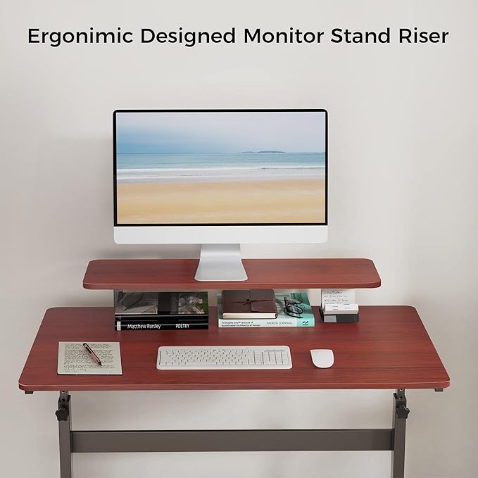 Eureka Ergonomic Mobile Standing Desk 41 Inch Lockable Home Office Height Adjustable Computer Desk PC Table with Hutch Teak Top