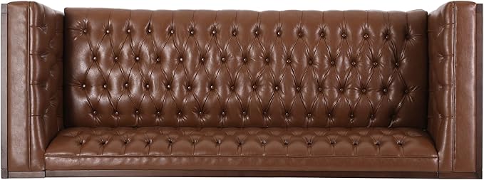 Merax 79 Inch Modern 3-Seater Sofa Button Tufted Upholstered Couch with Tuxedo Arms &amp Rubberwood Frame Low Profile Mid-Century Sofa for Living Room Light Brown