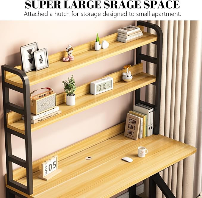 Computer Desk with Storage Shelves and Bookshelf Industrial Desk with Sturdy Metal Frame Solid Wood PC Table Workstation for Home Office(31 W x 69 H x 23.6 D White &amp Black)