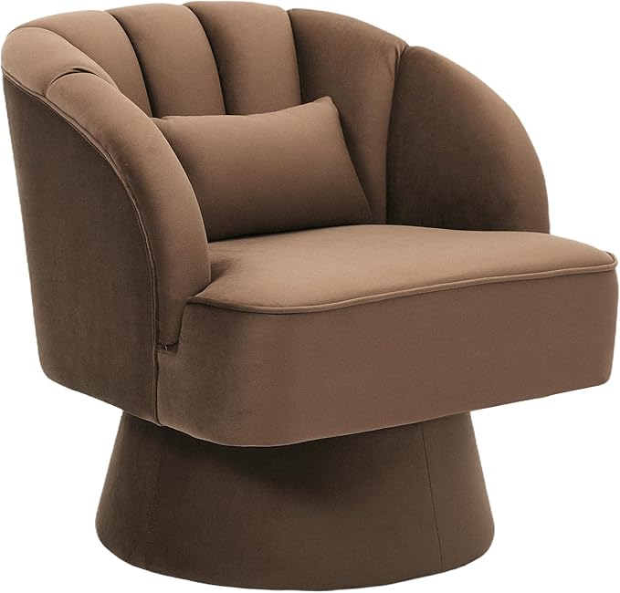 Mid Century Modern Swivel Barrel Chair - 360° Swivel Accent Chair with Plush Velvet Upholstery &amp Wide Cushioned Seat Round Lounge Sofa Chair for Living Room Bedroom Office (Brown 1 PCS)