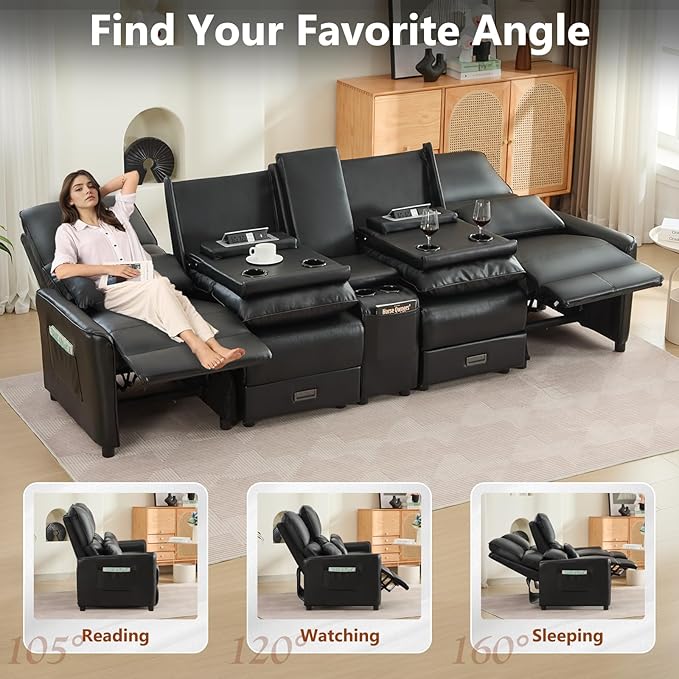 Reclining Loveseat Sofa 4 Seat Manual Recliner Couch with Flip Middle Backrest Console Wall Hugger Storage Drawer &amp Cup Holder for RV &amp Living Room Seating (Black 4 seat &amp Console)