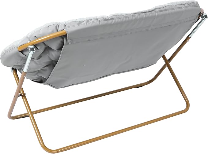 Flash Furniture Eleanor Double Saucer Chair with Folding Steel Frame Portable Oversized Saucer Chair for Dorm or Bedroom 56 Gray Faux Fur/Soft Gold Frame