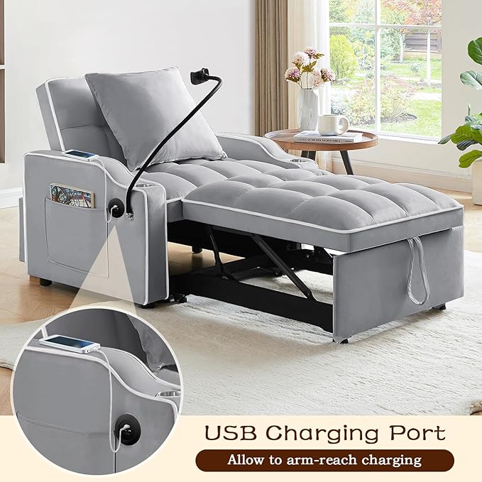 KINFFICT Sleeper Sofa Chair Bed Convertible 3-in-1 Armchair Adjustable Sleeper Chair with Pullout Bed Single Lounger Futon with Side Pockets for Living Room (Grey)