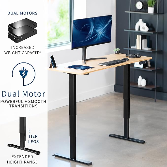 VIVO Electric 60 x 24 in Dual Motor Sit Stand Desk Memory Height Adjustment 2B Series Bamboo Top Black Frame DESK-KIT-2B6O
