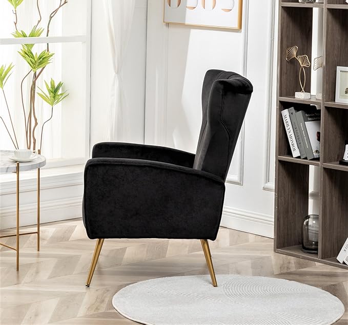Modern Velvet Accent Chair Channel Tufted Bedroom Office or Living Room Furniture with Elegant Metal Legs 26 Wide Armchair Black