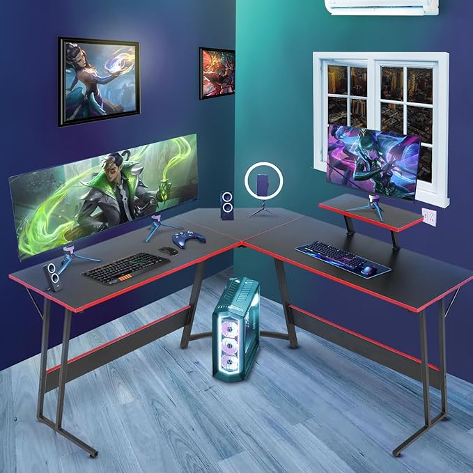 Corner Computer DeskL Shaped DeskGaming Desk with Large Monitor Stand &amp Carbon Fiber Surface Home Office Study Writing WorkstationSpace-SavingBlack