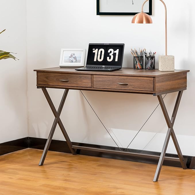 glitzhome 43 W Industrial Home Office Writing Desk with Power Outlet and USB Ports 2-Drawer Computer Laptop Table Walnut