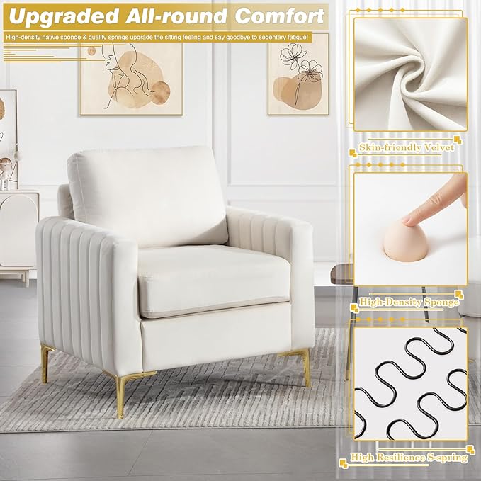 Modern Velvet Accent Chair Comfy Living Room Armchair with Thick Cushion Upholstered Reading Armchair Mid Century Sofa Chair with Gold Legs Side Chair for Living Room Bedroom Office Club Beige